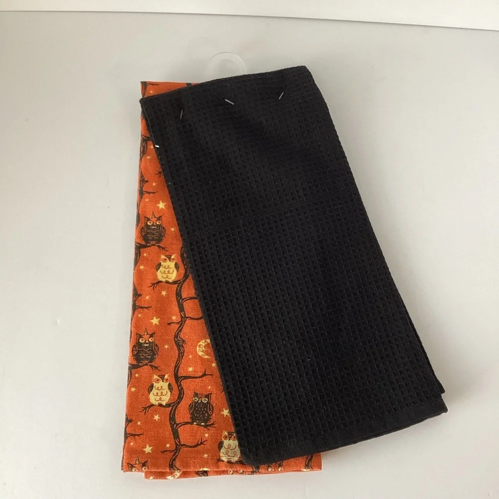 JOHANNA PARKER: 2 piece orange black owl kitchen towel set